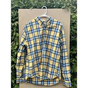 Aeropostale Flannel Mens XL Yellow Blue Plaid Button Up Long Sleeve Gauzy Cotton